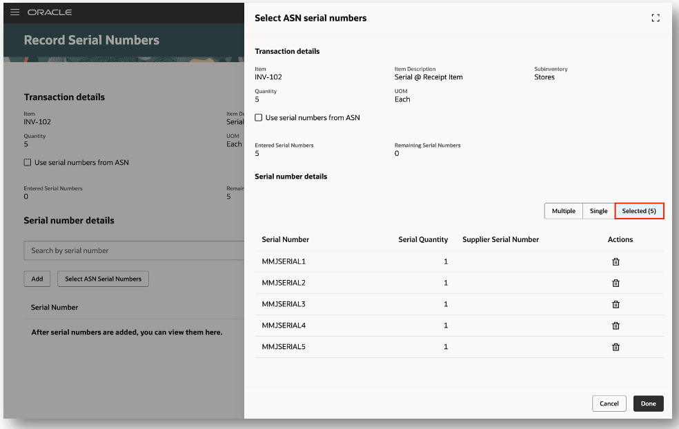 選択したシリアル番号のレビュー