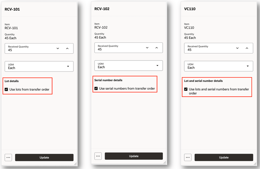 移動伝票からのロットおよびシリアル番号の使用