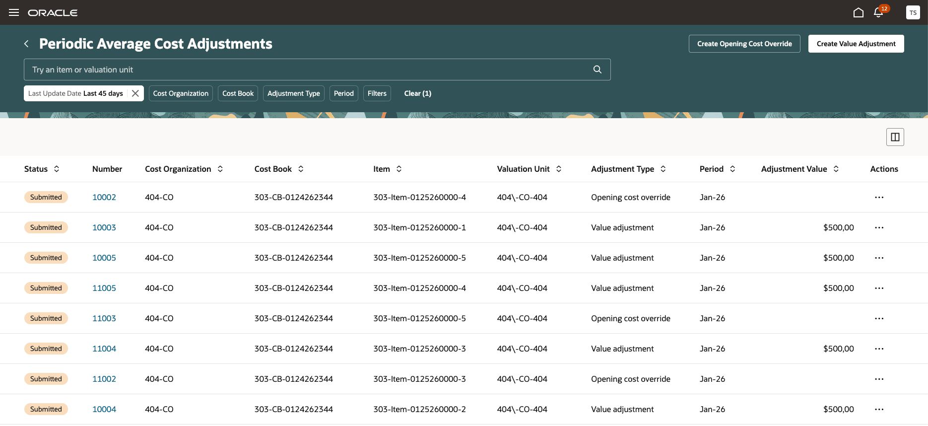 新しい検索オプションが表示された「期間平均原価調整」ページ