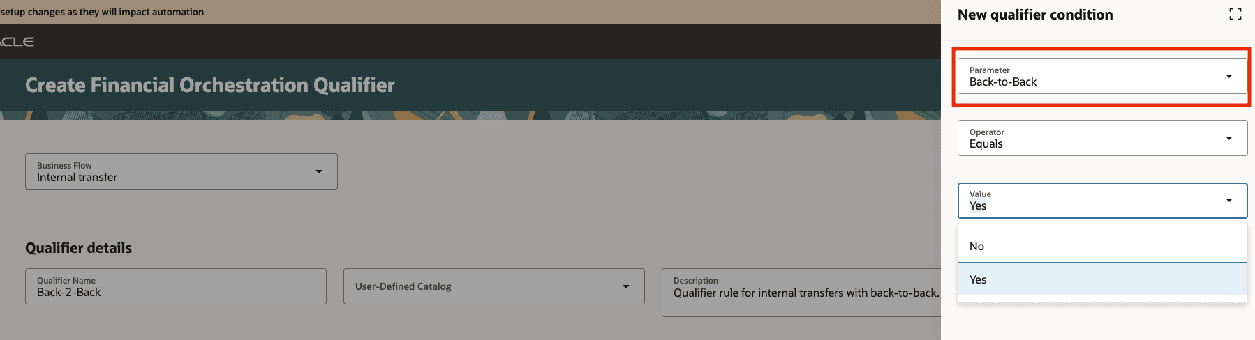 新しいパラメータが連続した財務オーケストレーション・クオリファイアです。