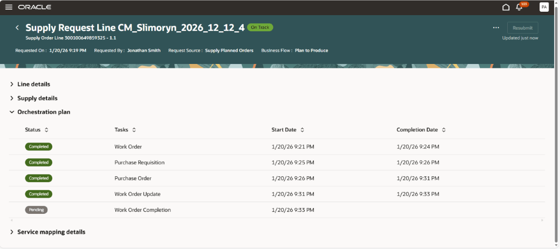 プロセス製造の購買オーダーおよび作業オーダーのオーケストレーション