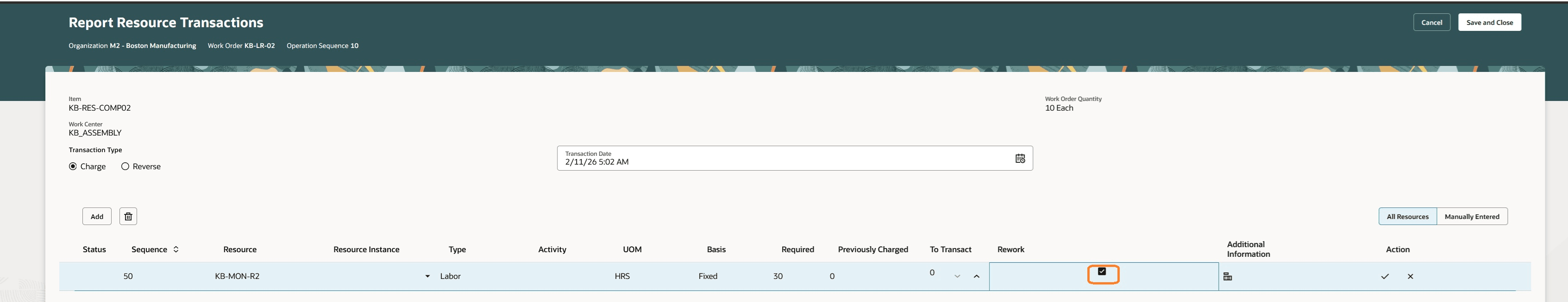 再加工識別子を持つリソース・トランザクションをレポートします