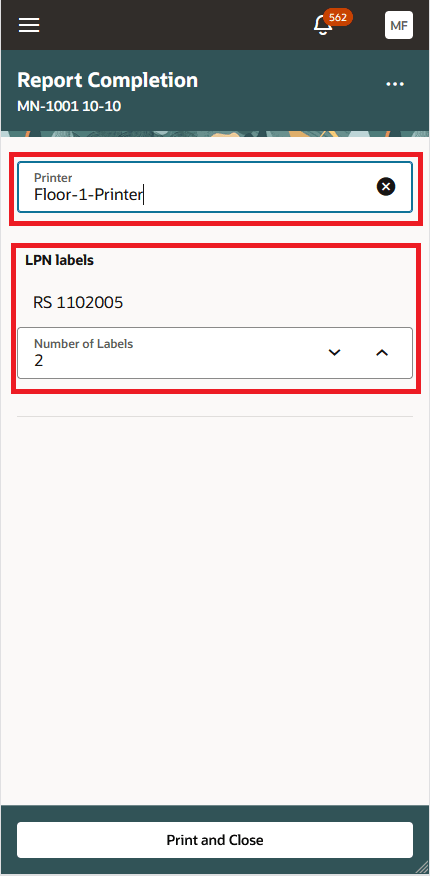 プリンタを選択し、LPNラベルを印刷します