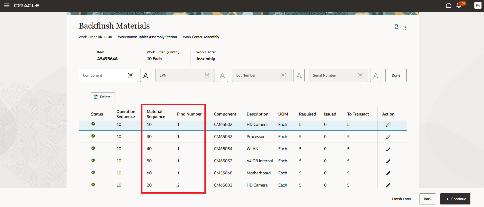 「資材連番のレビュー」および「連番の検索」フィン・バックフラッシュ資材ページ