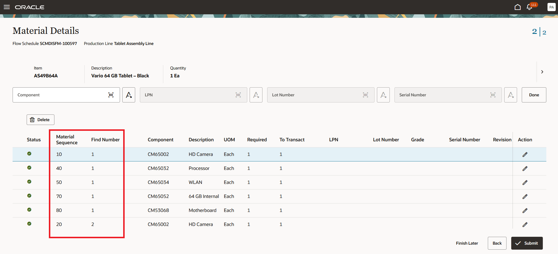 フロー・スケジュールの「資材詳細」ページでの資材連番のレビューおよび番号の検索