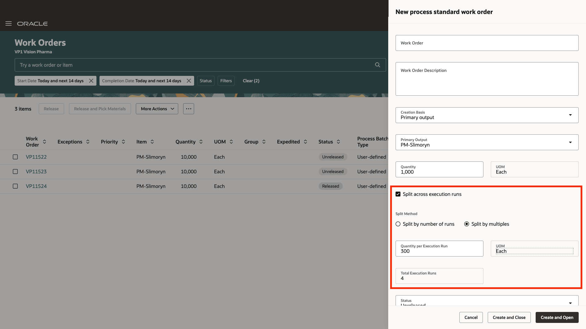 作業オーダー数量を実行実行に分割します