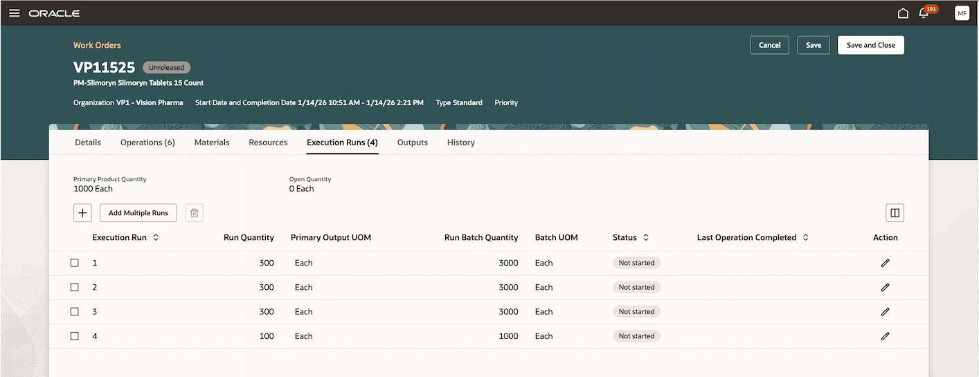 実行を表示する「作業オーダー」タブ