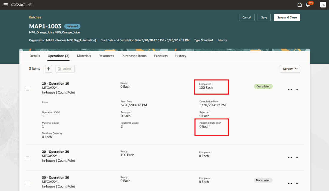 結果発行後の作業オーダー工程数量