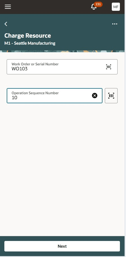 ワーク・オーダーおよびオペレーション・シーケンスを入力およびクリック次を実行