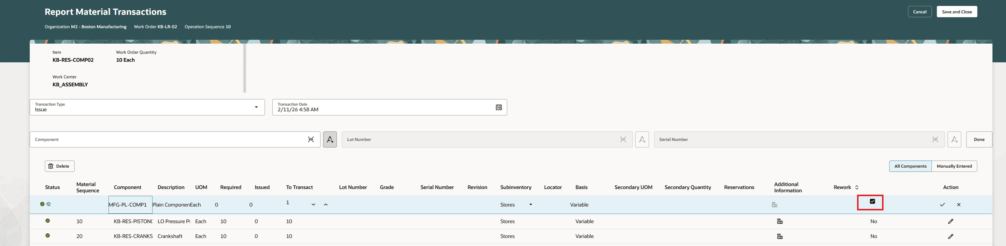 再加工識別子を持つ資材トランザクションをレポートします