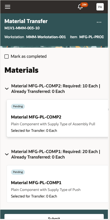 ワークステーション工程資材リスト