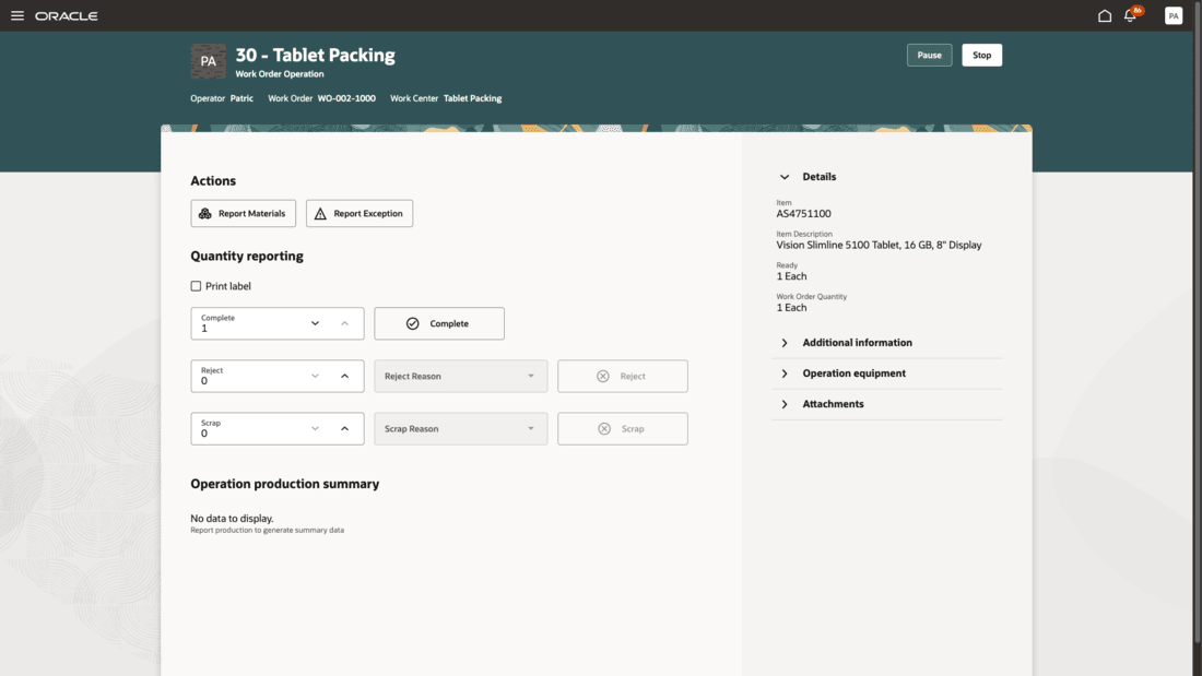 作業オーダー工程の実行の一時停止