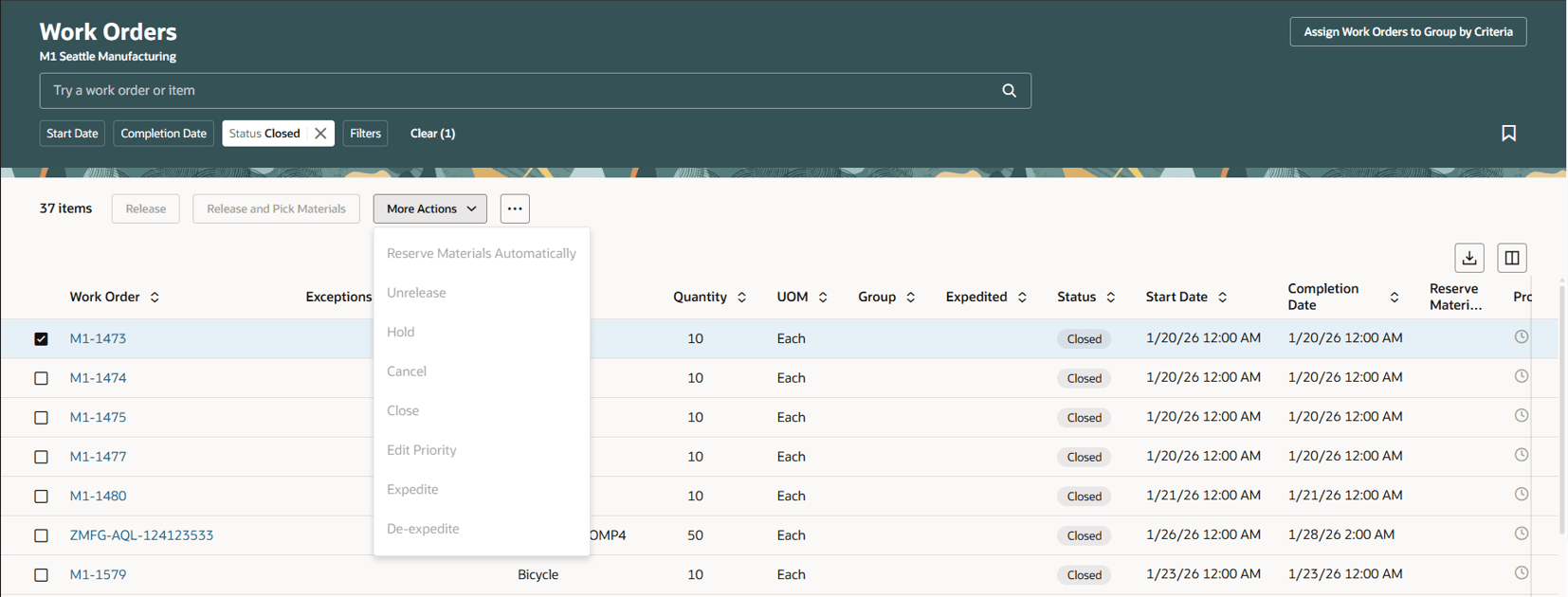 ユーザーがクローズ済作業オーダーを再オープンできないようにします