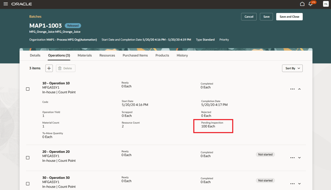 結果発行前の作業オーダー工程数量