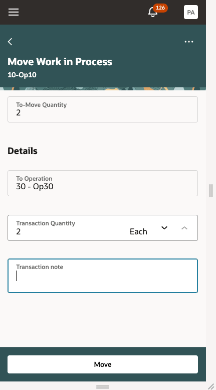 仕掛の移動: 移動数量の入力
