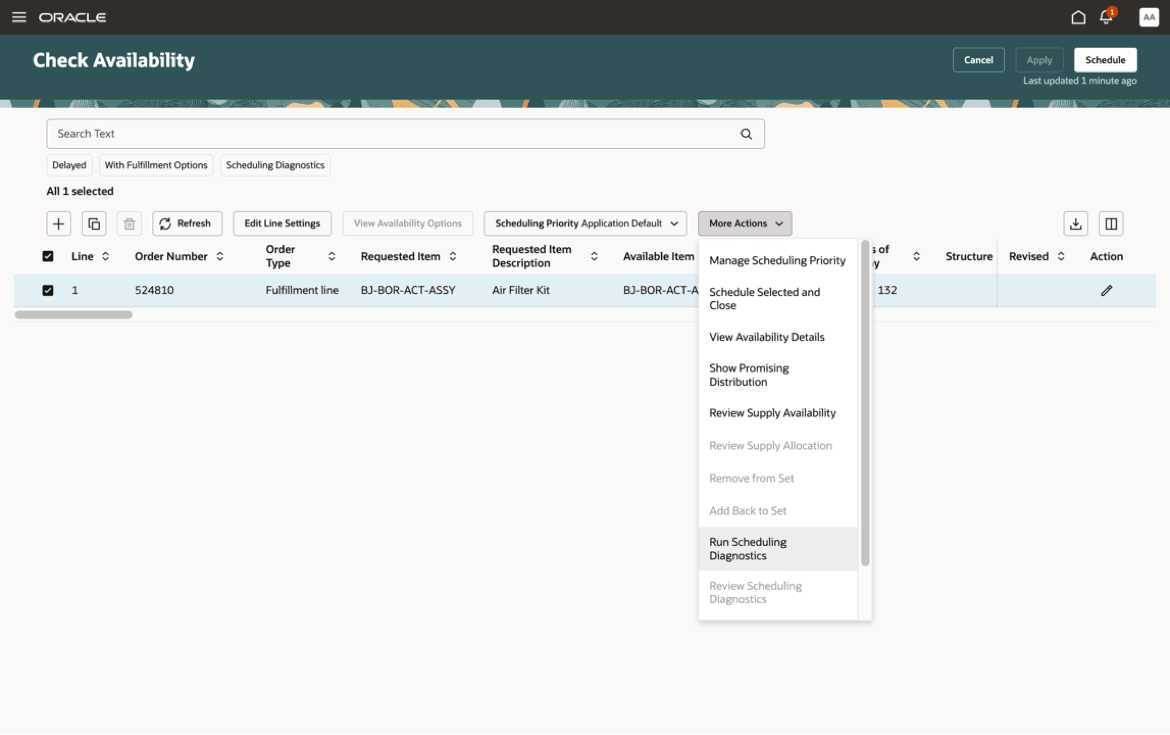 「有効数量のチェック」ページでのオーダー選択およびスケジュール診断の起動