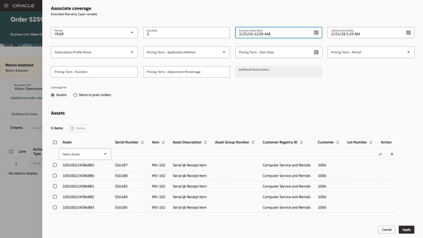 修正済カバレッジ明細の資産を関連付けます。