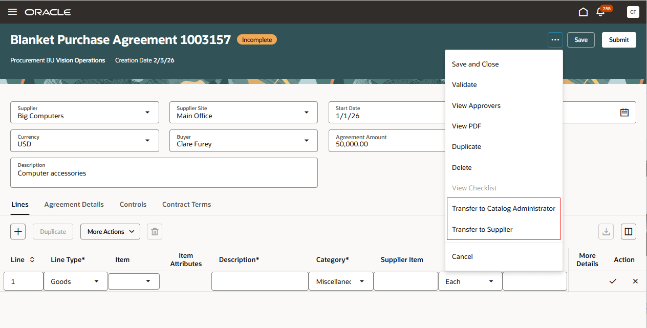 包括購買契約をカタログ管理者またはサプライヤに転送