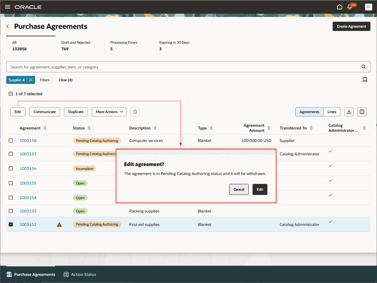 待ち状態のカタログ・オーサリング包括契約の取下げ