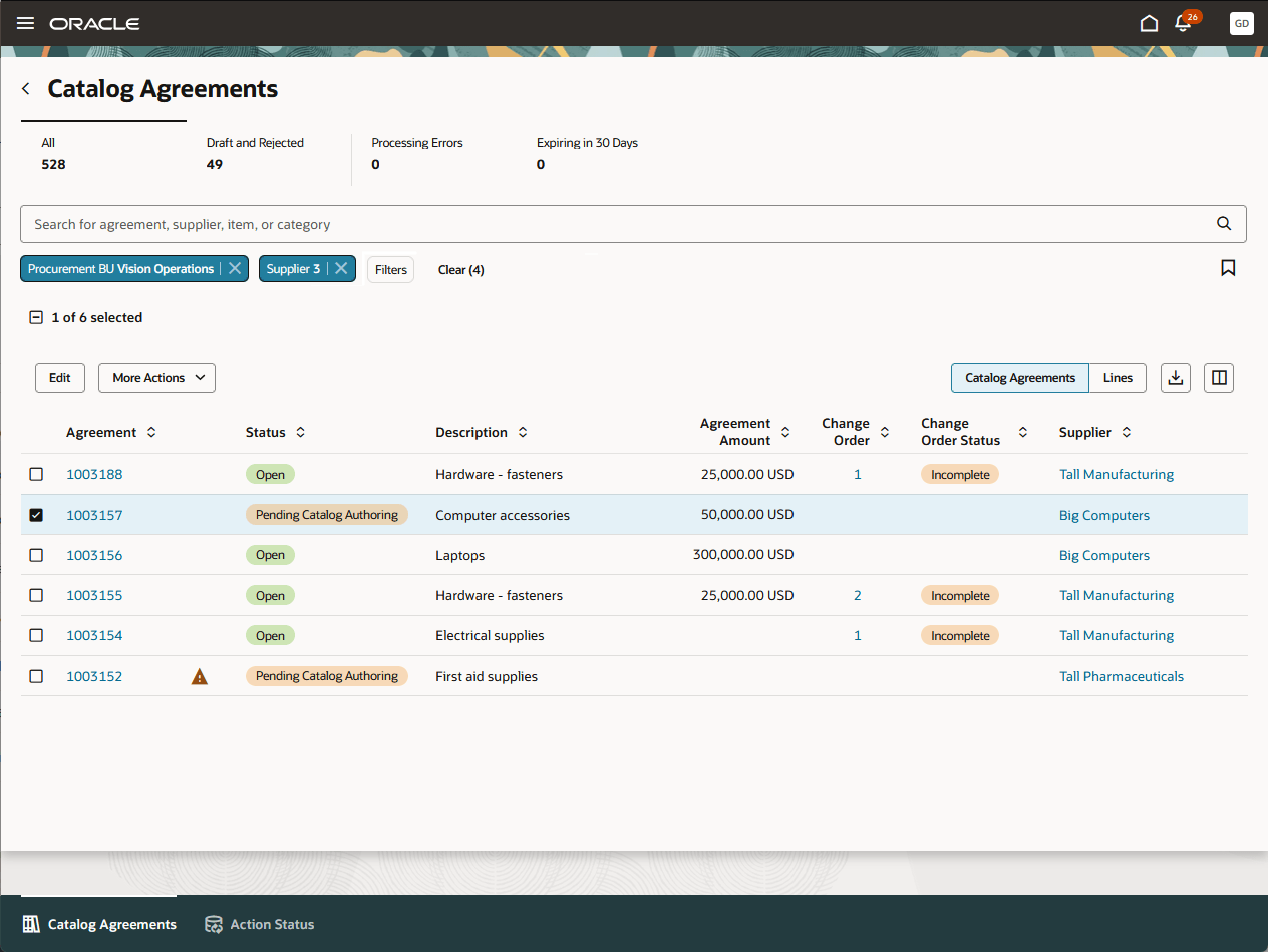 カタログ管理者オーサリングに使用可能な包括契約に対するカタログ管理者検索