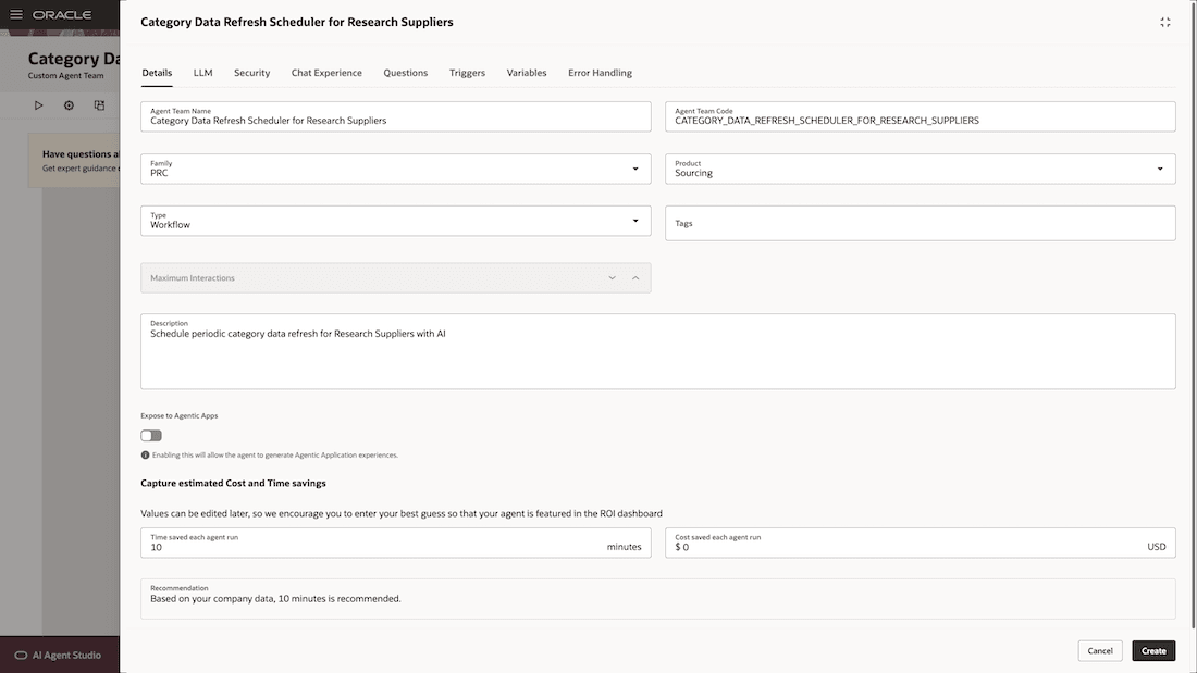 購買カテゴリの索引付けをスケジュールするための新規エージェント・チームの詳細の入力