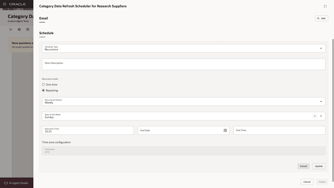 購買カテゴリの索引付けをスケジュールするための新規エージェント・チームのスケジュール詳細の入力