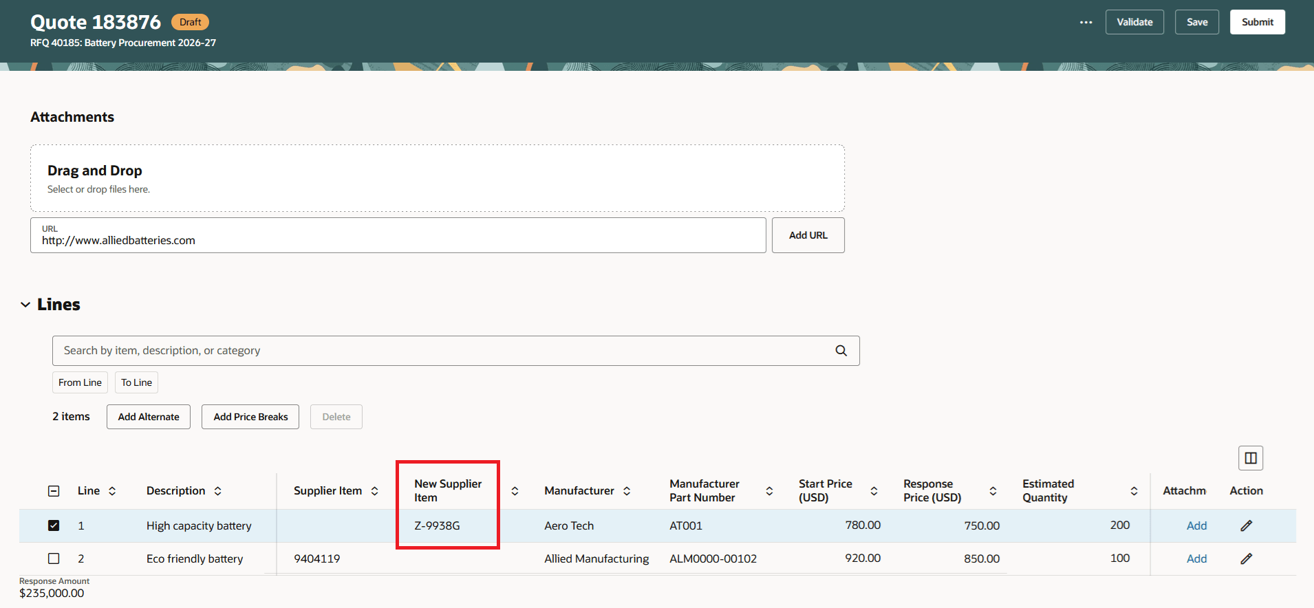 応答作成中に新規サプライヤ品目を追加