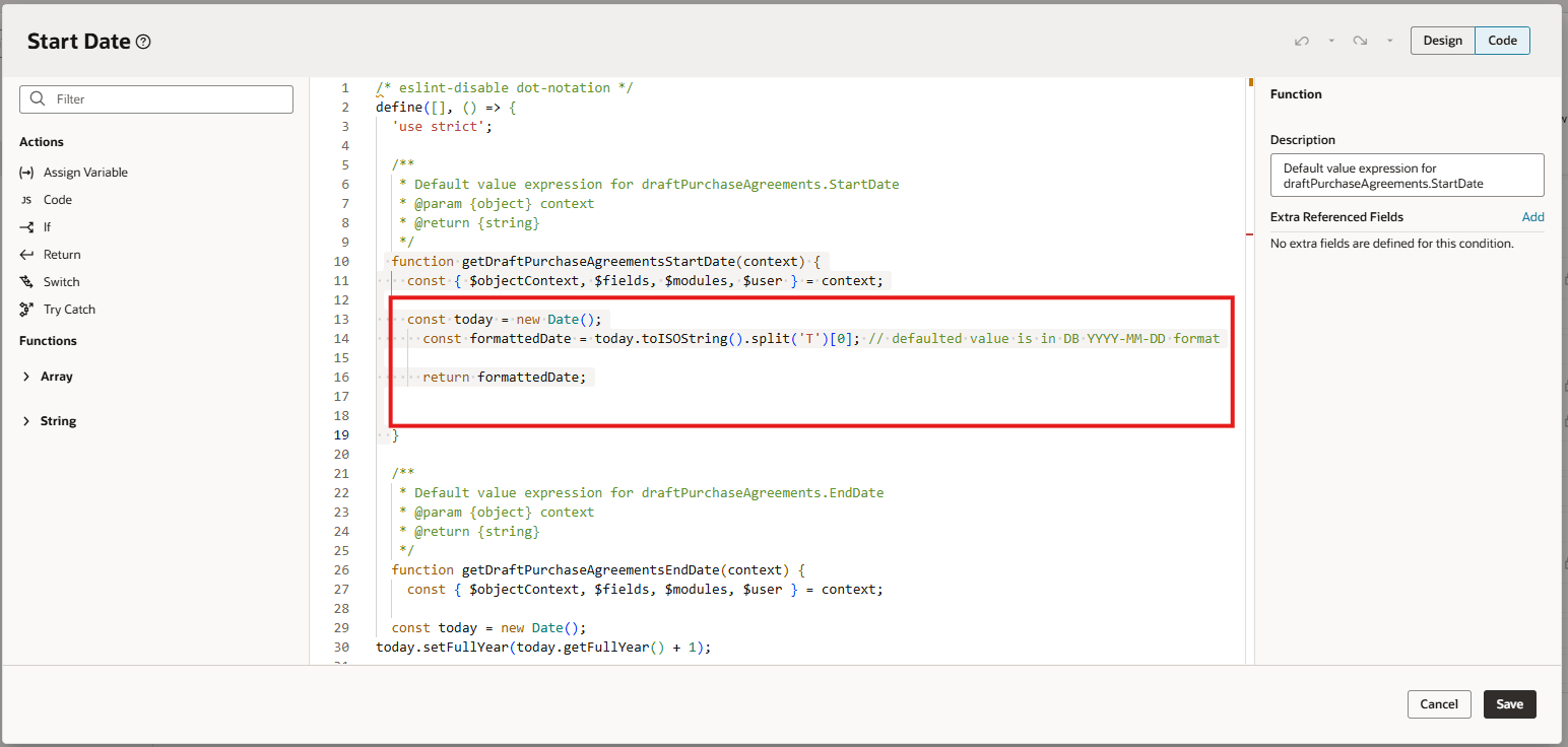 Visual Builder Studioで式を使用したデフォルトの開始日から今日