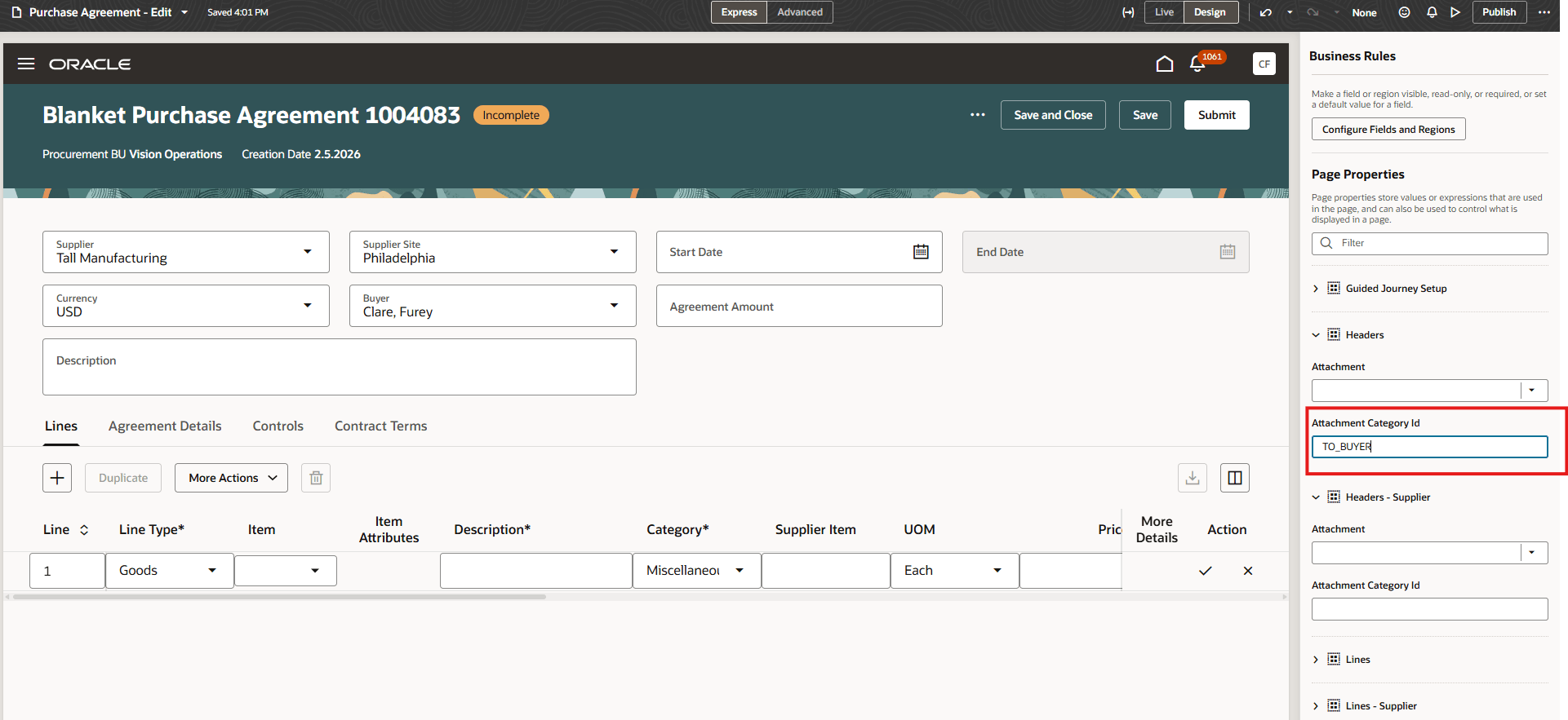 ヘッダー・レベルで添付カテゴリを「TO_BUYER」に設定
