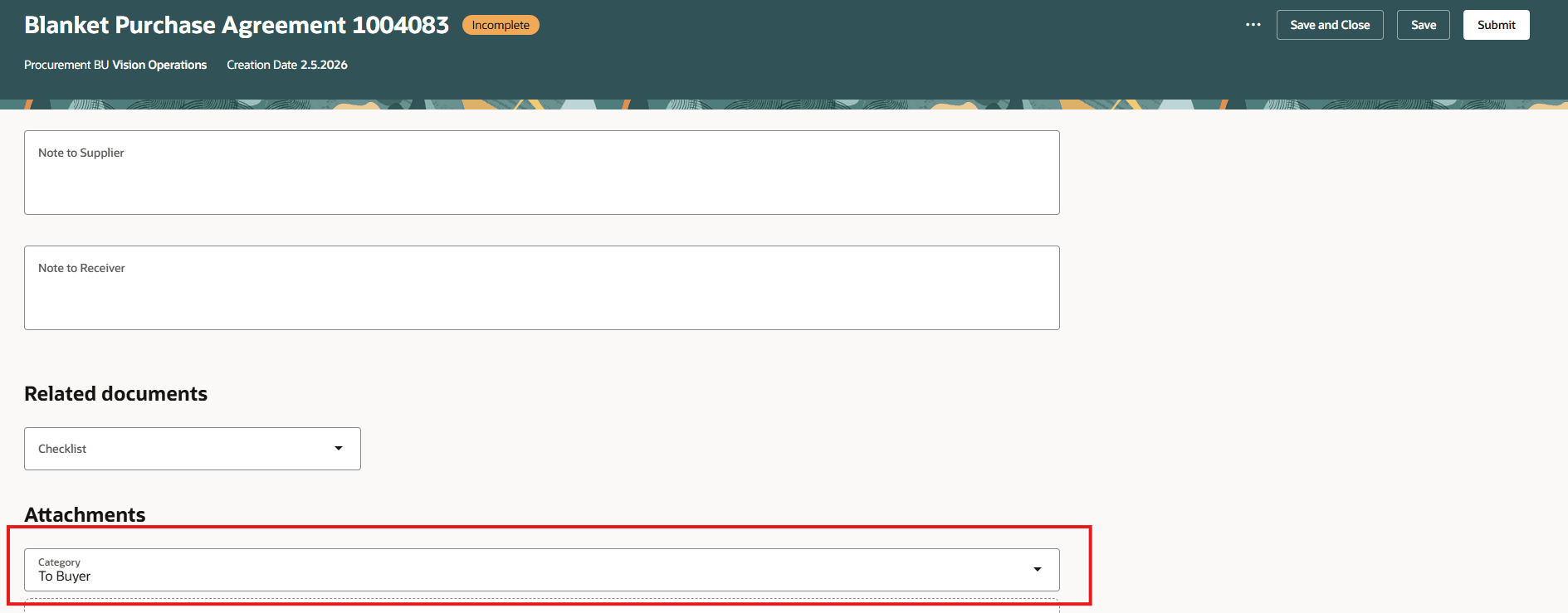 ヘッダー・レベルで「バイヤーへ」にデフォルト設定された添付カテゴリ