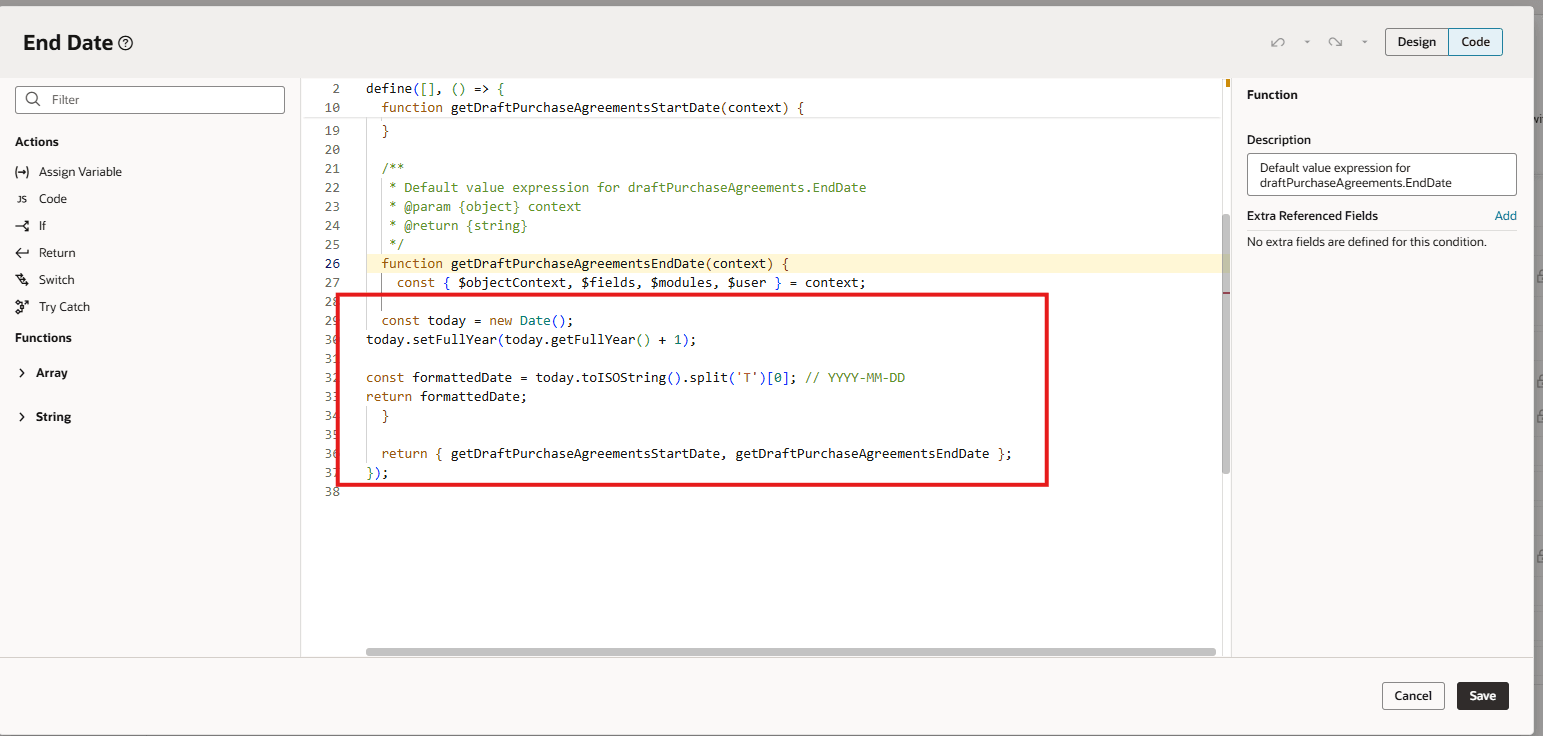 Visual Builder Studioでの式を使用したデフォルトの終了日