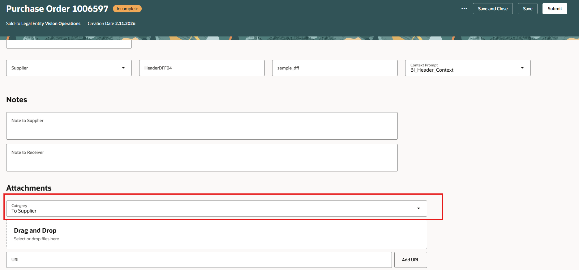 ヘッダー・レベルで「仕入先へ」にデフォルト設定された添付カテゴリ