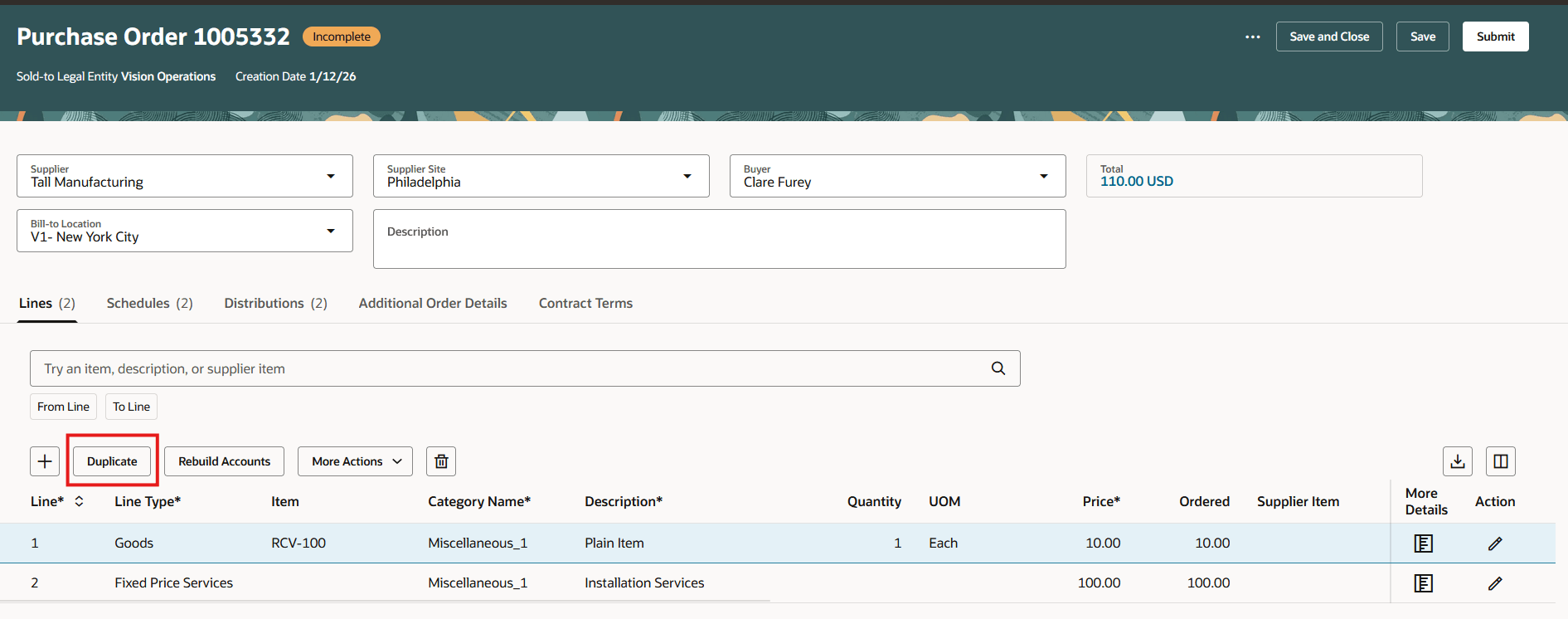 発注明細の「複製」ボタン