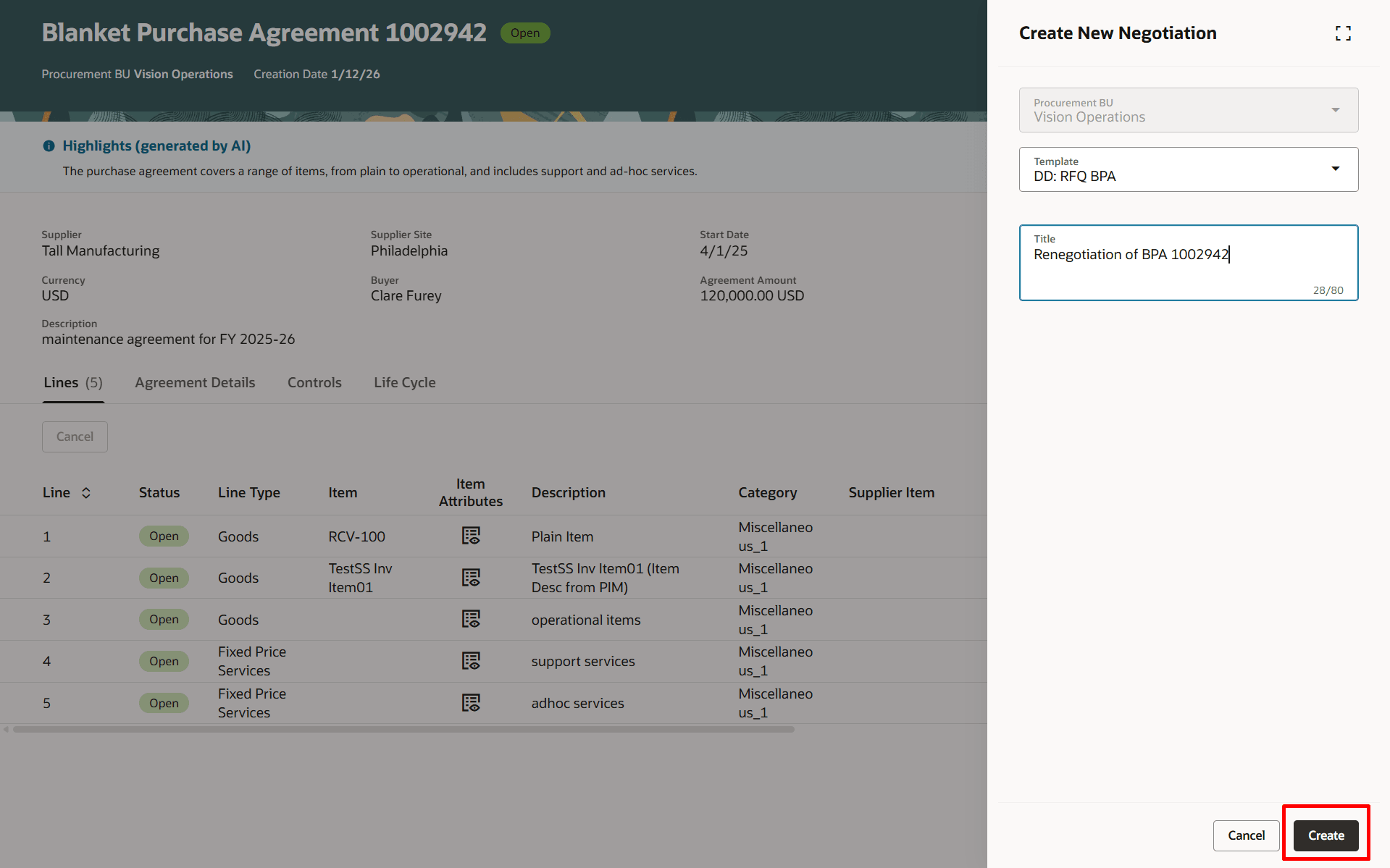 新規ネゴシエーション・ドロワーのネゴシエーション・テンプレートおよびネゴシエーション・タイトルの入力