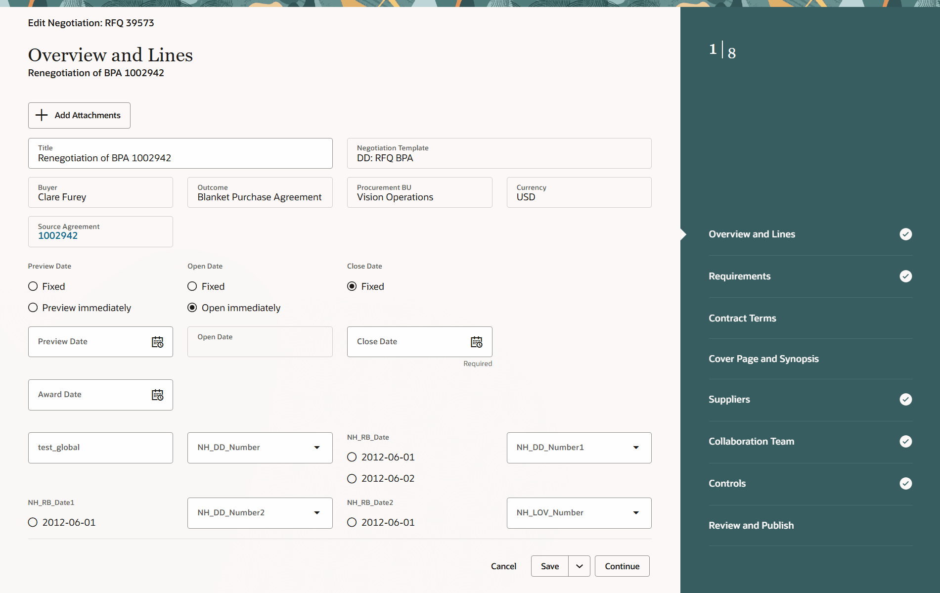 包括購買契約から作成された「ネゴシエーションの編集」ページ