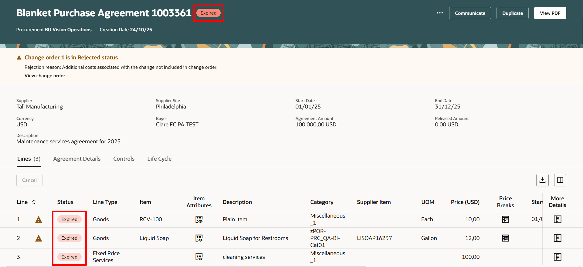 失効した購買契約を表示するRedwoodの「購買契約」ページ