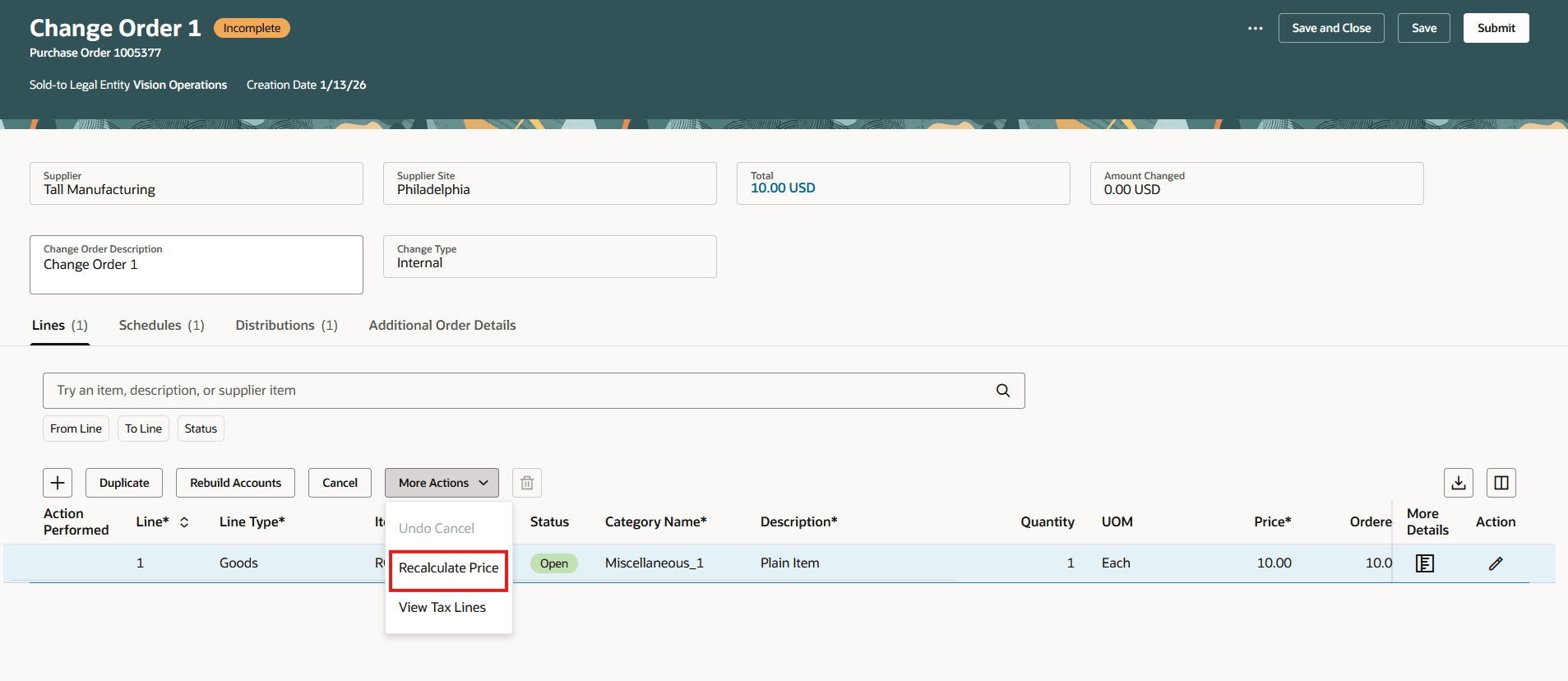 依頼者が開始した変更オーダー明細に対する処理の再計算