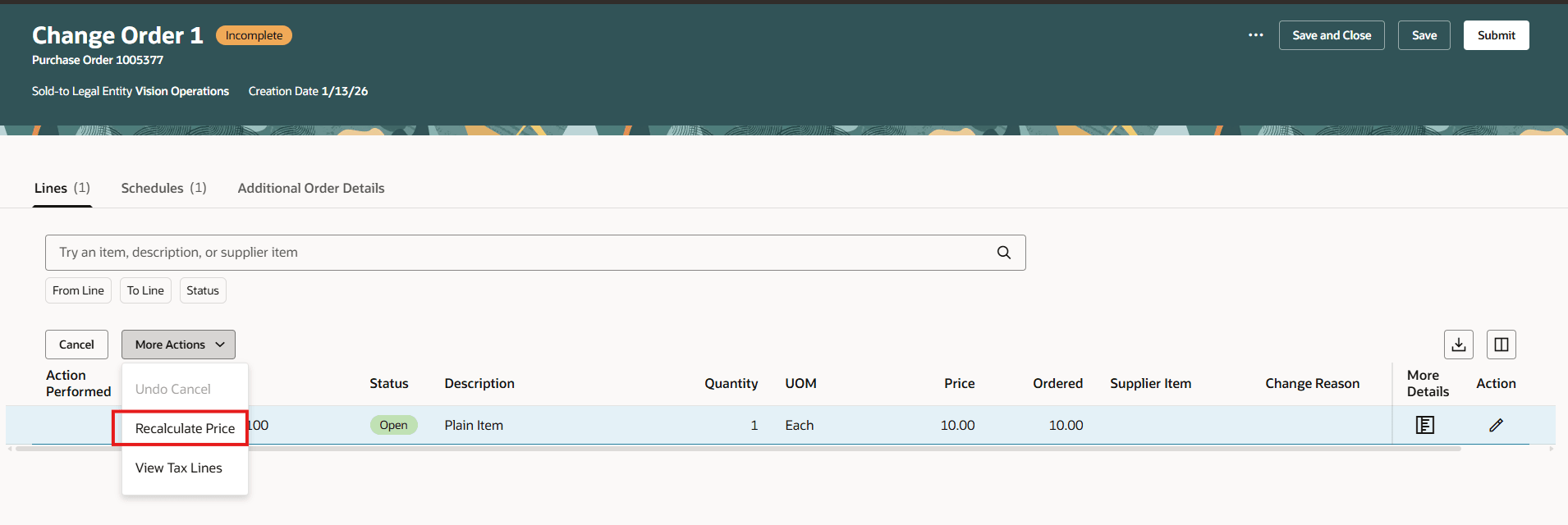 サプライヤが開始した変更オーダー明細に対する処理の再計算