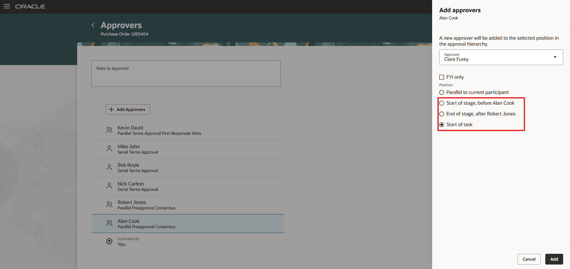 必要なポジションでの承認者の検索と追加