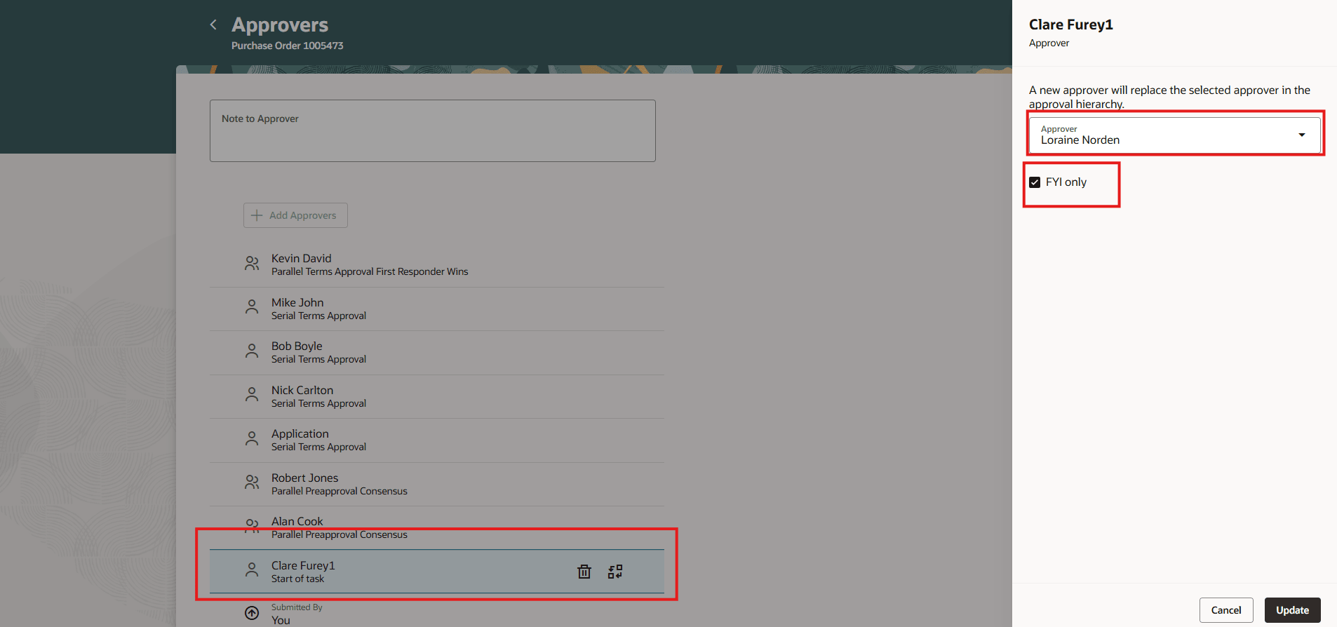 Clare Furey1を置換し、Ad Hoc承認者Loraine NordeinをFYI参加者として追加します
