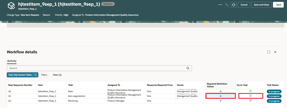 キャプション: 「Required Definition Values(必須定義値)」および「Go to Task(タスクに進む)」列のリンク