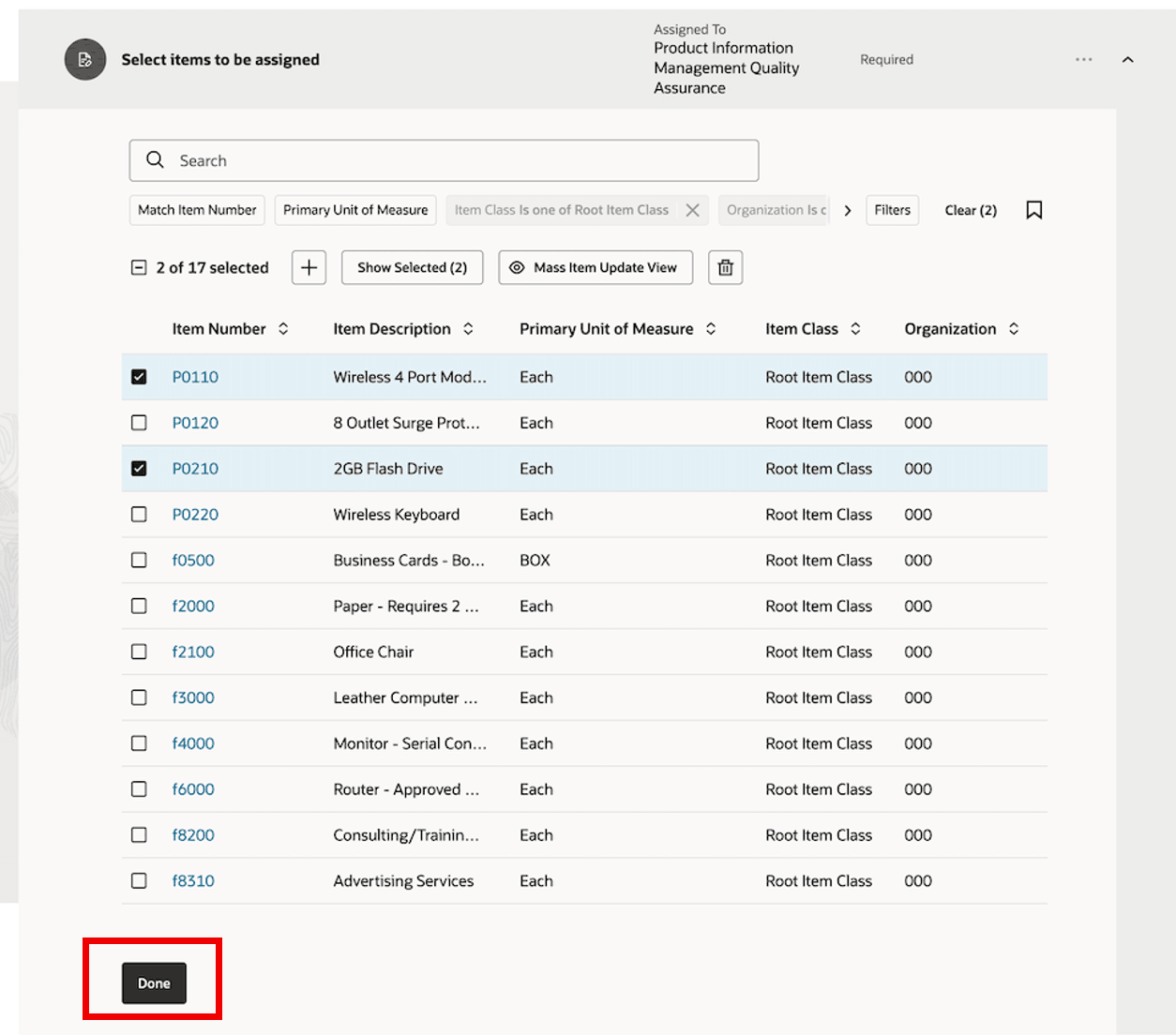 割当対象選択済品目