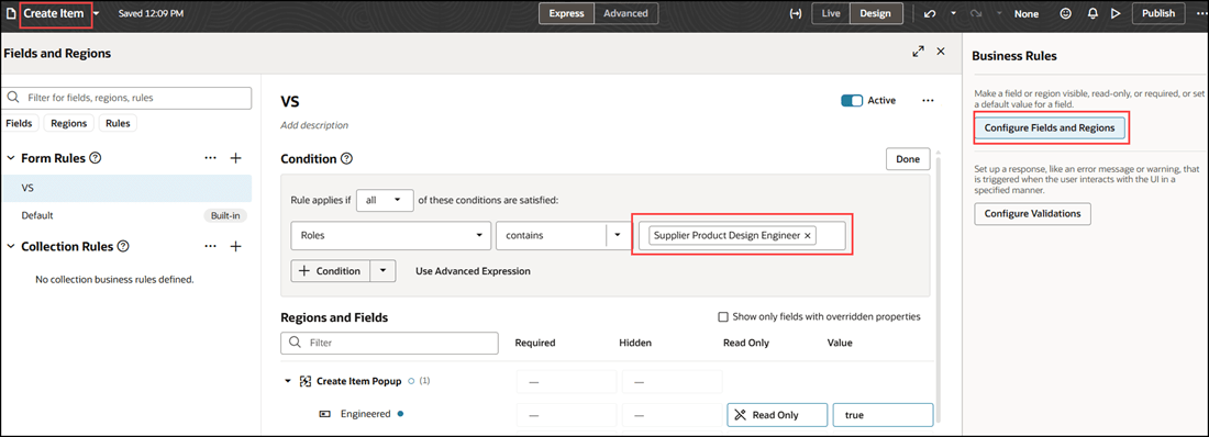 条件内のSupplierProductDesignEngineer用に作成されたビジネス・ルール
