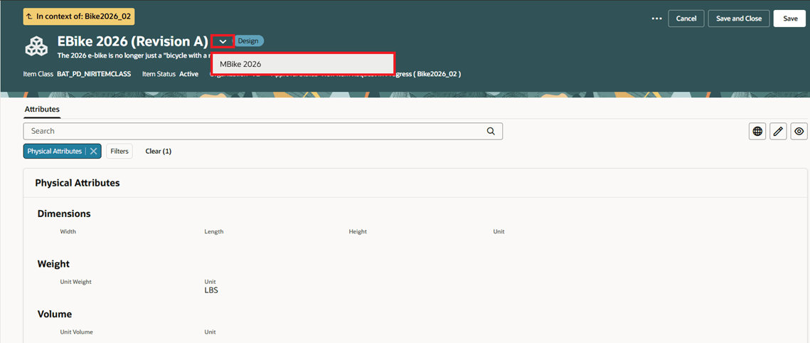 キャプション: コンテキスト・セレクタを使用して、新規品目要求のコンテキストで他の影響を受ける品目にナビゲートします