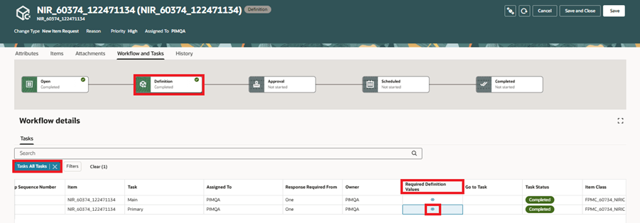 キャプション: 「All Tasks Listed」および「Required Definition Values」リンクを持つ定義ステップ