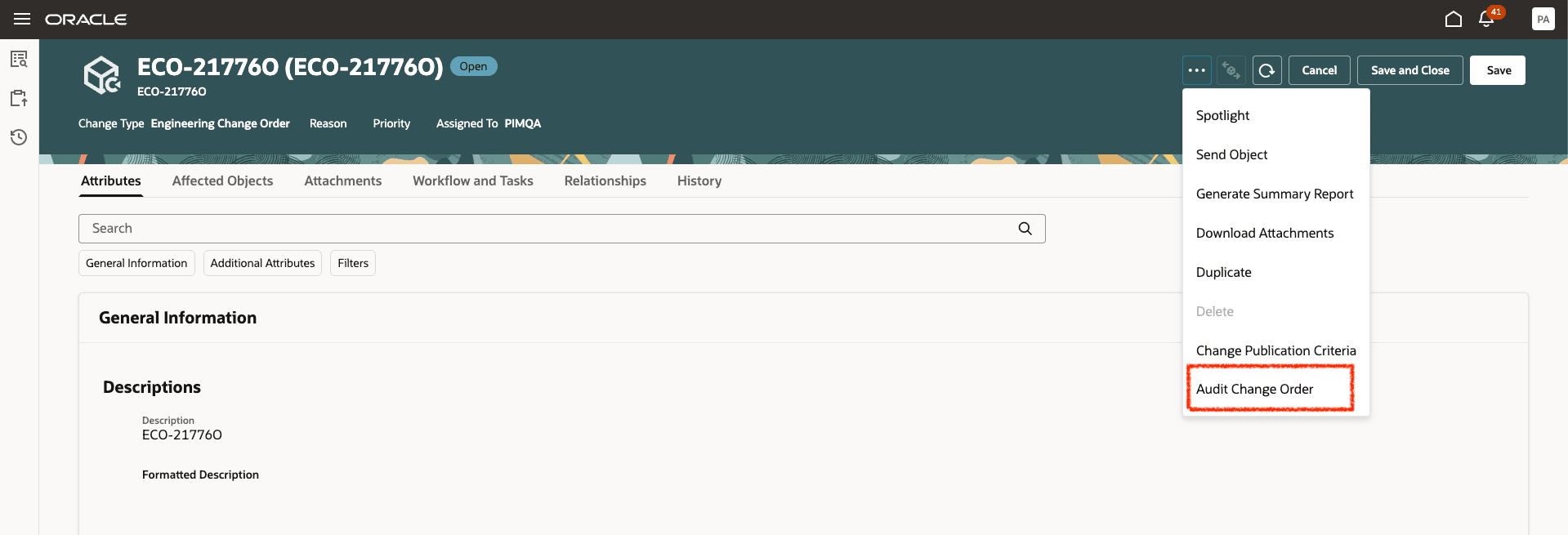 キャプション: 「Audit Change Order」をクリックしてAIエージェントをトリガーします