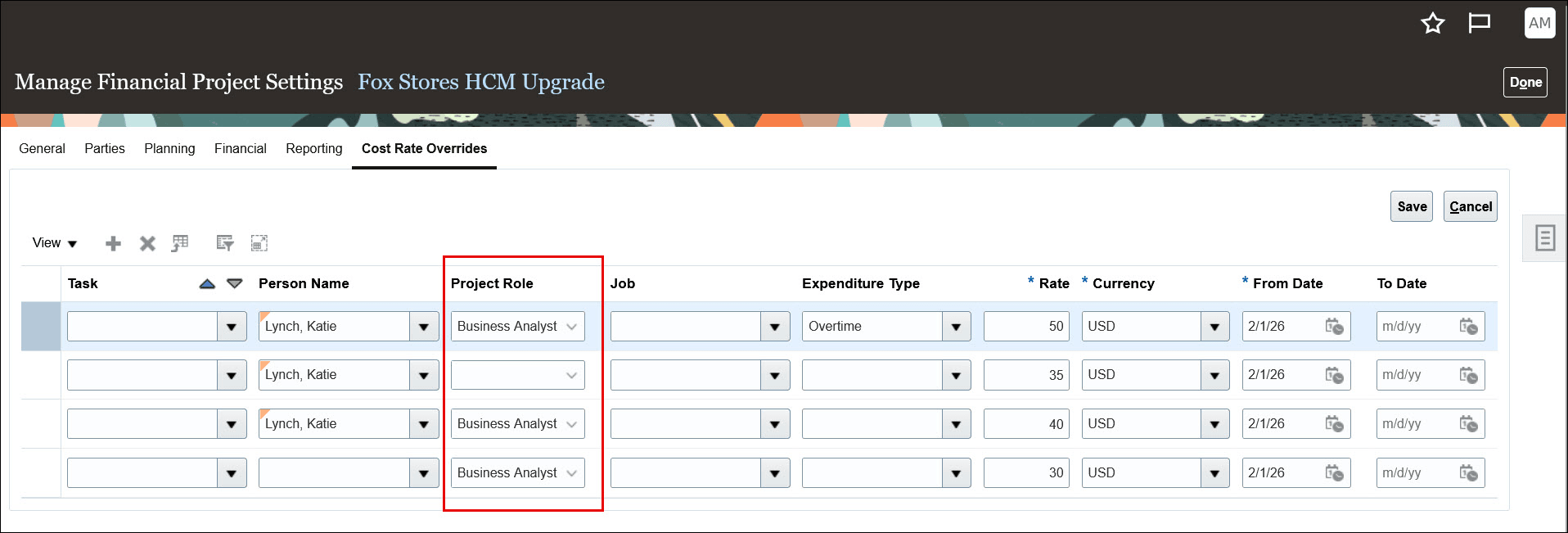 プロジェクト・ロール決定要因によるプロジェクト・コスト・レート上書き