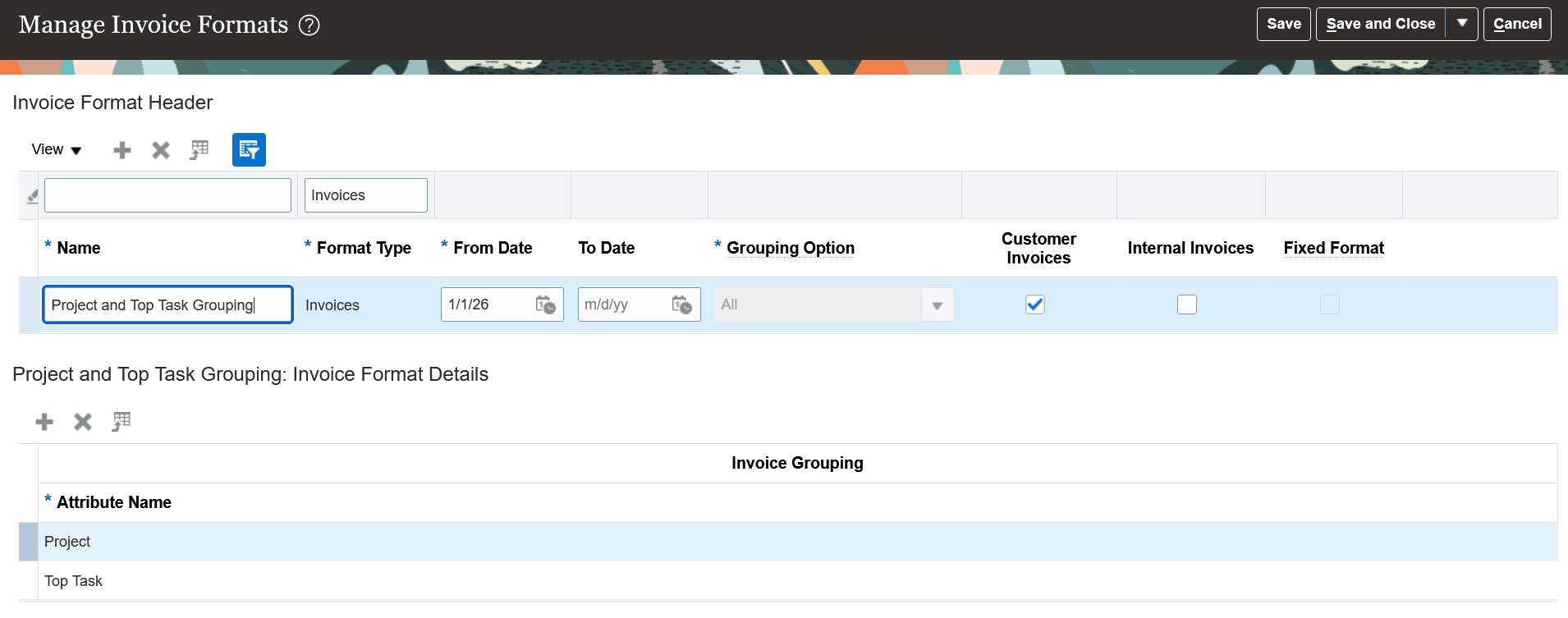 請求トランザクションをプロジェクトおよびトップ・タスク別に請求書にグループ化するために使用される請求書書式を示す「請求書書式の管理」ページ。