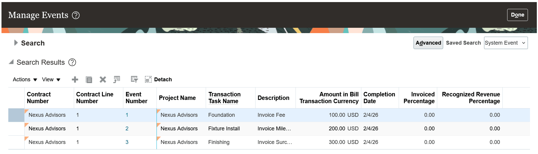プロジェクト・マイルストンに関連付けられた3つの請求イベントが表示された「イベントの管理」ページ。