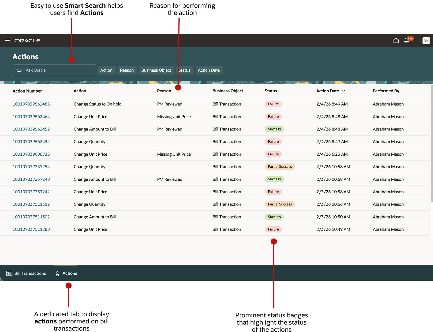 「処理」タブ、スマート検索、ステータスおよび事由が強調表示された「処理」ページを示すスクリーンショット。